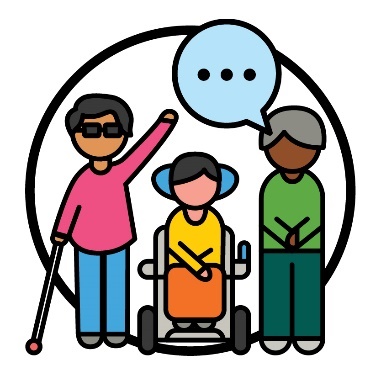 3 people with disability next to each other. Above one person is a speech bubble.