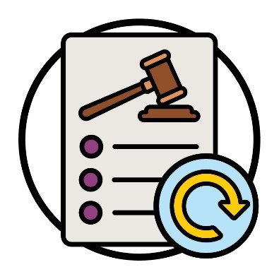 A document with a gavel on it next to an update icon.