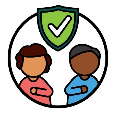 2 people pointing to themself. Above them is a shield with a tick to show safety.