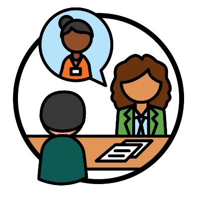 A person meeting with a navigator. Above the navigator is a speech bubble that shows a provider.