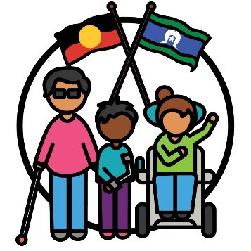 3 participants with different disabilities. Above them is the Aboriginal flag and Torres Strait Islander flag.