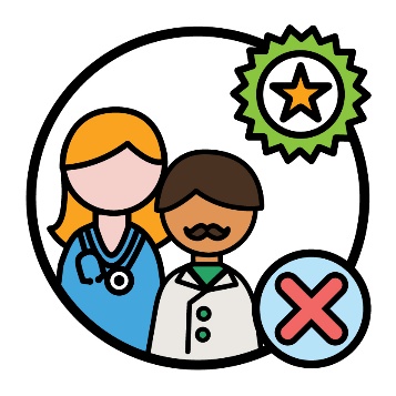 2 health professionals next to a badge with a star on it. Below them is a cross.