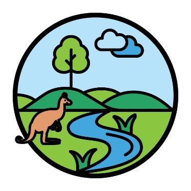 A kangaroo on Country next to a river, hills and a tree.