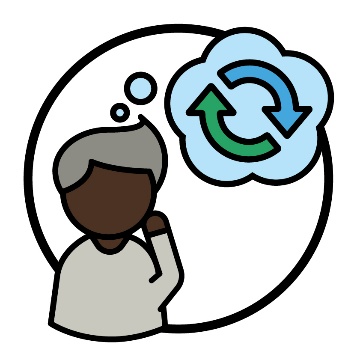 A person thinking next to the change icon inside a thought bubble.