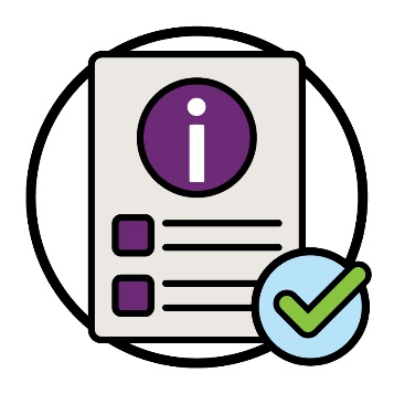 A tick next to a document with an information icon on it.