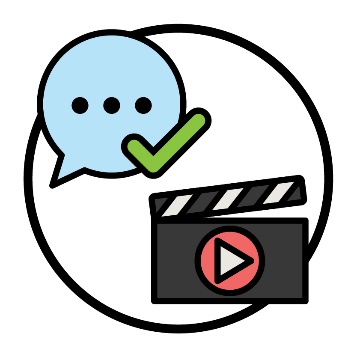 A tick next to a speech bubble and a video icon.