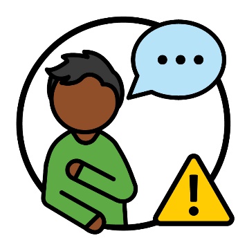 A person pointing to themselves. Above them is a speech bubble and next to them is a problem icon.