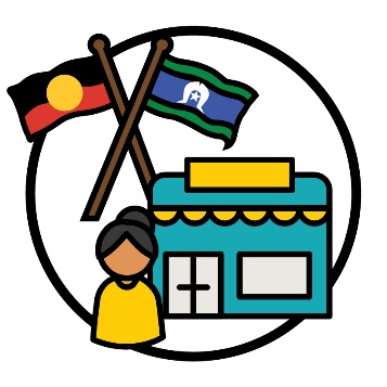 A person in front of a shop. Above them are the Aboriginal and Torres Strait Islander flags.