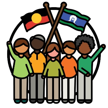 A group of people below the Aboriginal and Torres Strait Islander flags.