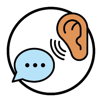A speech bubble and an ear listening.