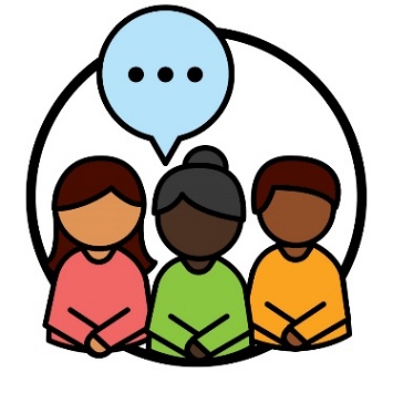 3 First Nations people. Above them is a speech bubble.