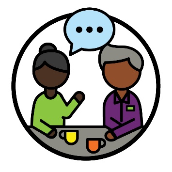 A person having a conversation with an NDIS worker. Above them is a speech bubble.