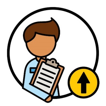 A First Nations provider holding a clipboard. Next to them is an upwards arrow.
