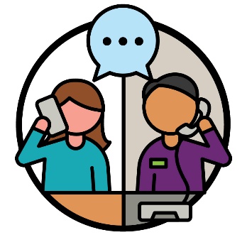 A participant on the phone with an NDIA worker. Between them is a speech bubble.