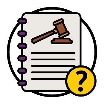 A question mark next to a document with a gavel on it.