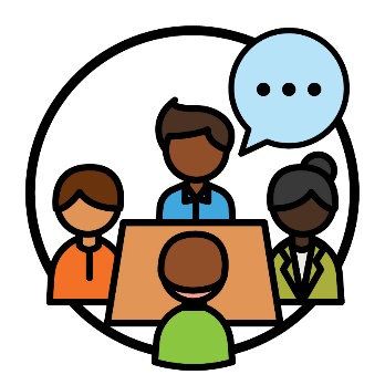 A group of people in a meeting. Above them is a speech bubble.