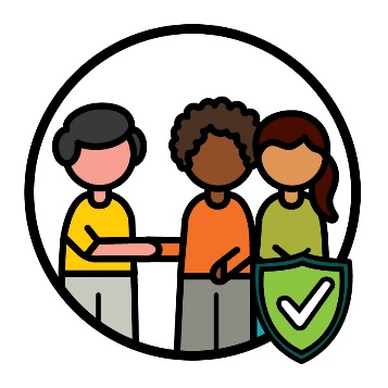 2 First Nations people with a safety icon. 1 of them is shaking hands with someone else.