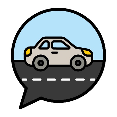 A car driving on a road inside a speech bubble.