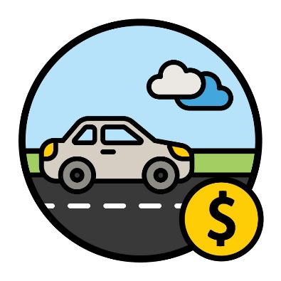 A money icon next to a car driving on a road.