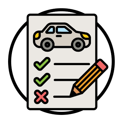 A pencil writing on a rules document. The document has a car on it and ticks and crosses.