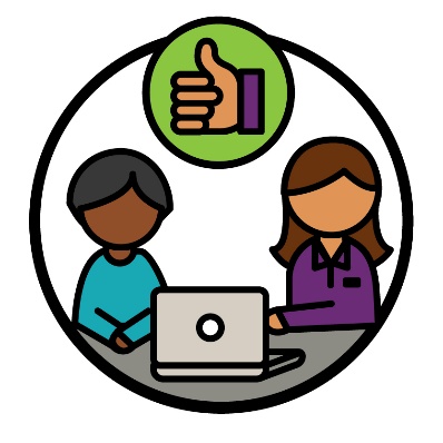 A thumbs up above and NDIA worker and a participant using a laptop together.