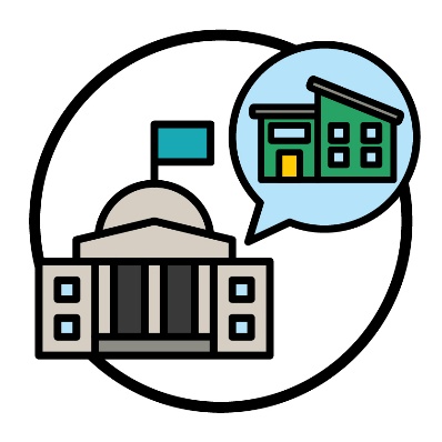 A state government building next to a speech bubble with a house inside it.