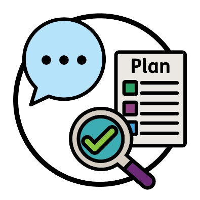 A speech bubble and a tick inside a magnifying glass next to an NDIS plan.