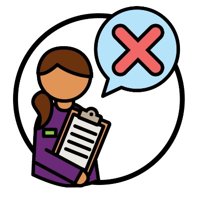 A cross inside a speech bubble next to an NDIA worker holding a clipboard.