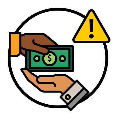 A problem icon next to a person handing money to someone else.