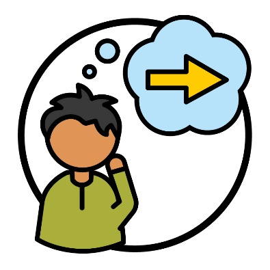 A person thinking next to a thought bubble with an arrow pointing to the right in it.