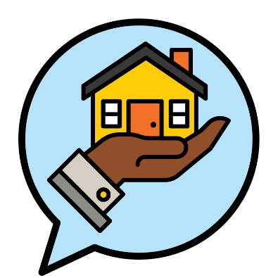 A speech bubble with a home and living icon inside it.