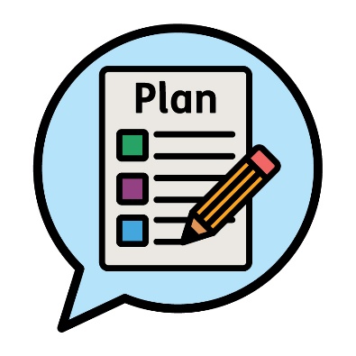 A speech bubble with a pencil writing on an NDIS plan inside it.