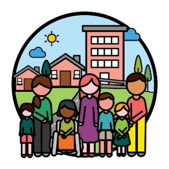 A large group of people outside. There is a road, buildings and trees behind them.