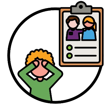 A clipboard with someone supporting someone and a list on it. There is a person looking worried next to the clipboard.