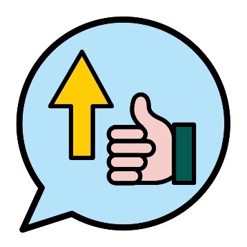 A thumbs up icon next to an arrow pointing up inside a speech bubble.