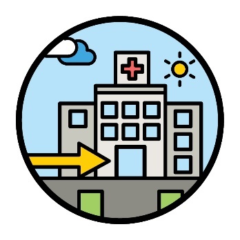 A hospital building with an arrow pointing towards the front door.