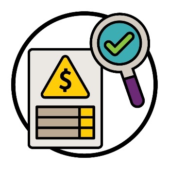 A document with a dollar sign inside a problem icon, and a magnifying glass showing a tick.