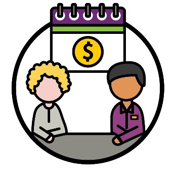 An NDIA worker talking to a participant. Above them is a calendar with a money icon on it.
