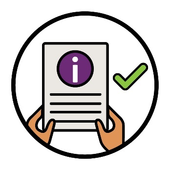 A pair of hands holding a document with an information icon on it. There is a tick next to the document.
