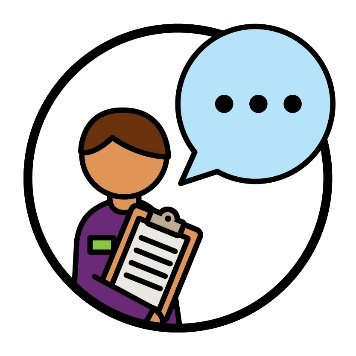 An NDIA worker holding a clipboard. There is a speech bubble above them.