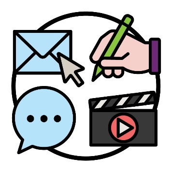 An email icon, a hand holding a pen, a speech bubble, and a video icon.