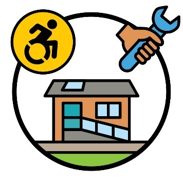 An accessibility icon, a hand holding a wrench, and a house with a ramp.