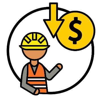 A builder wearing a hard hat and high vis top next to a money icon and an arrow pointing down.