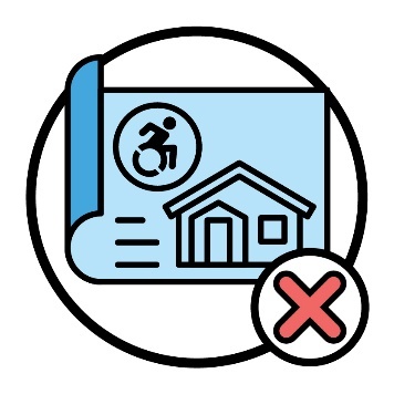 A blueprint plan for a house with an accessibility icon next to it. There is a cross next to the plan.