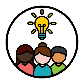 An idea icon above a group of 3 people.