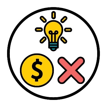 An idea icon, a money icon, and a cross.