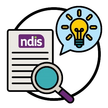 An NDIS document and a magnifying glass. There is a speech bubble with an idea icon next to them.