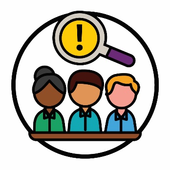 3 Commission workers beneath a problem icon inside of a magnifying glass.