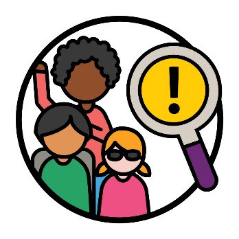 3 people next to a magnifying glass that shows a problem icon.
