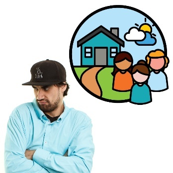 A person looking upset next to an icon of a group of participants in front of a house.